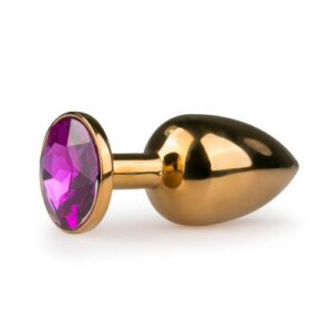 gold colored butt plug with round pink stone